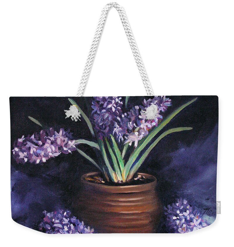 Flowers Weekender Tote Bag featuring the painting Hyacinths in a Pot by Nancy Griswold
