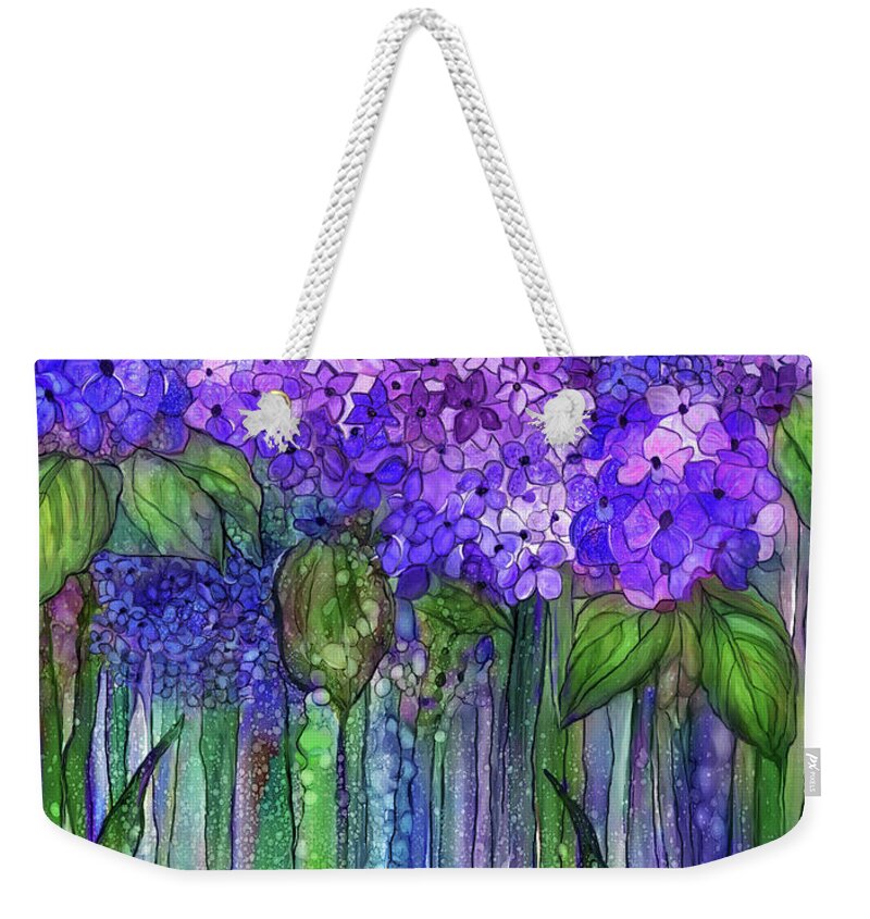 Carol Cavalaris Weekender Tote Bag featuring the mixed media Hydrangea Bloomies 1 - Purple by Carol Cavalaris