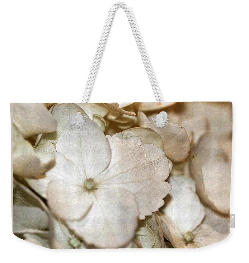 Hydrangea Weekender Tote Bag featuring the photograph Hydrangea Blossom in Sepia Tones by Andrea Lazar