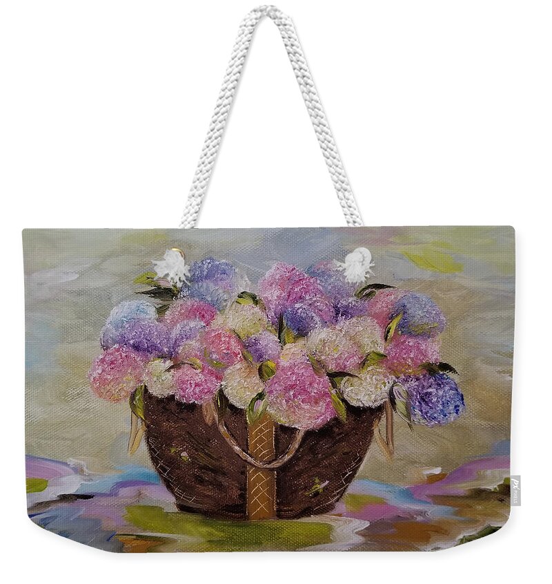 Hydrangea Weekender Tote Bag featuring the painting Hydrangea Puddles by Judith Rhue