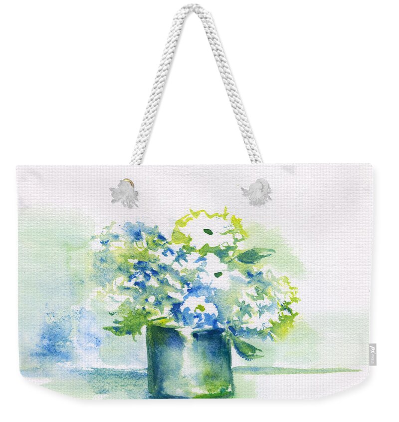 Blue Hydrangeas Weekender Tote Bag featuring the painting Hydrangeas by Frank Bright