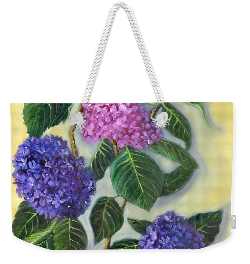 Flowers Weekender Tote Bag featuring the painting Hydrangeas by Rand Burns