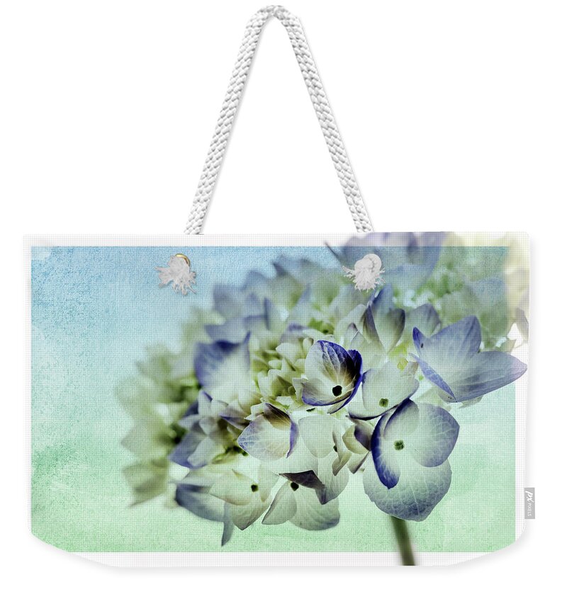Clock Weekender Tote Bag featuring the photograph Hydrengae Petals 2 by Rebecca Cozart