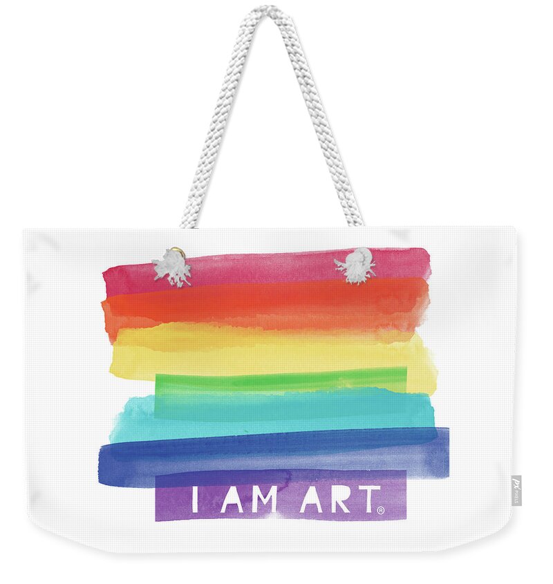 Rainbow Weekender Tote Bag featuring the painting I AM ART Rainbow Stripe- Art by Linda Woods by Linda Woods