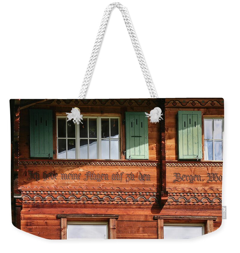 Swiss House Weekender Tote Bag featuring the photograph I Lift My Eyes Towards the Mountains - by Julie Weber