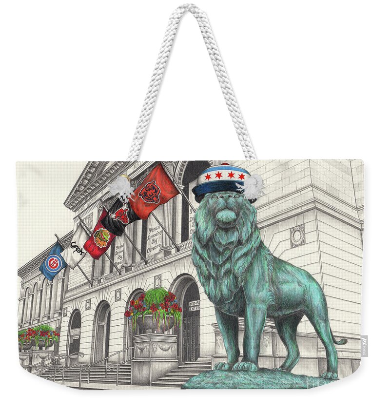 Lion Weekender Tote Bag featuring the drawing I Love Chicago Vol. 3 by Omoro Rahim