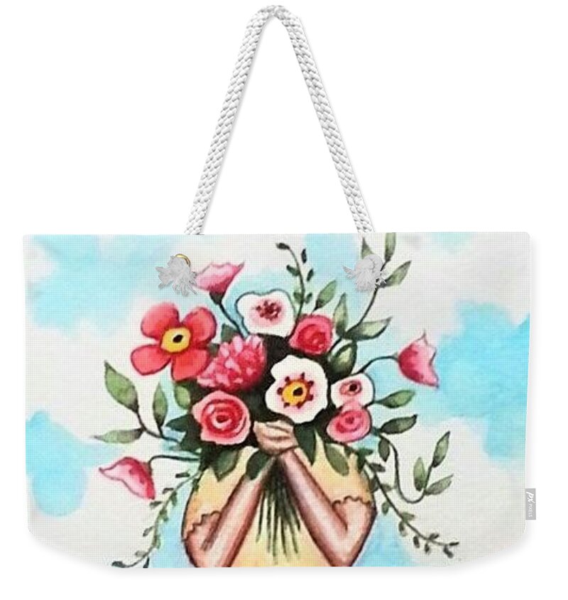 Flowers Weekender Tote Bag featuring the painting I Picked These for You by Elizabeth Robinette Tyndall