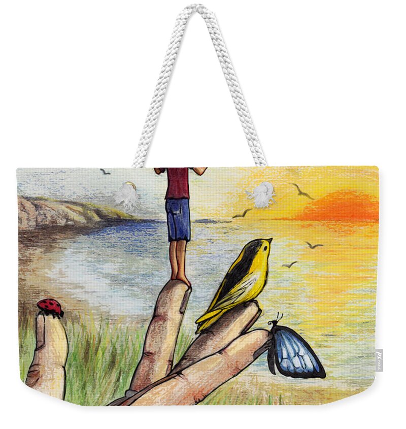 Butterfly Weekender Tote Bag featuring the drawing I wish I could fly by Elaine Berger