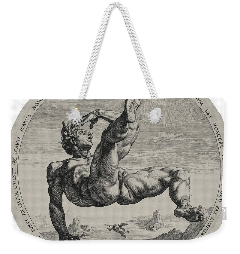 Hendrik Goltzius Weekender Tote Bag featuring the drawing Icarus From The Four Disgracers Series by Hendrik Goltzius