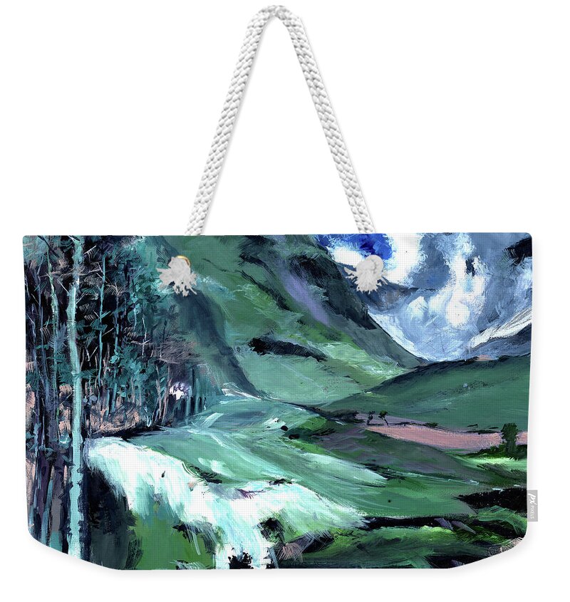 Nature Weekender Tote Bag featuring the painting Ice Clouds Mountains and Me by Anil Nene