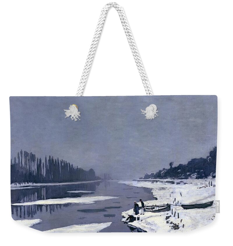 Claude Weekender Tote Bag featuring the painting Ice on the Seine at Bougival by Claude Monet