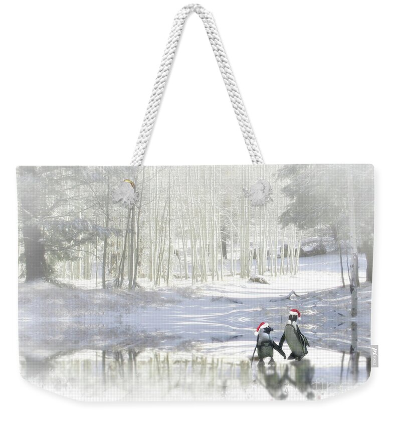 Holiday Weekender Tote Bag featuring the photograph Ice Skating Cute Penguins Holiday Card Image by Stephanie Laird