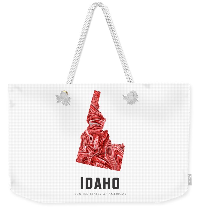 Idaho Weekender Tote Bag featuring the mixed media Idaho Map Art Abstract in Red by Studio Grafiikka