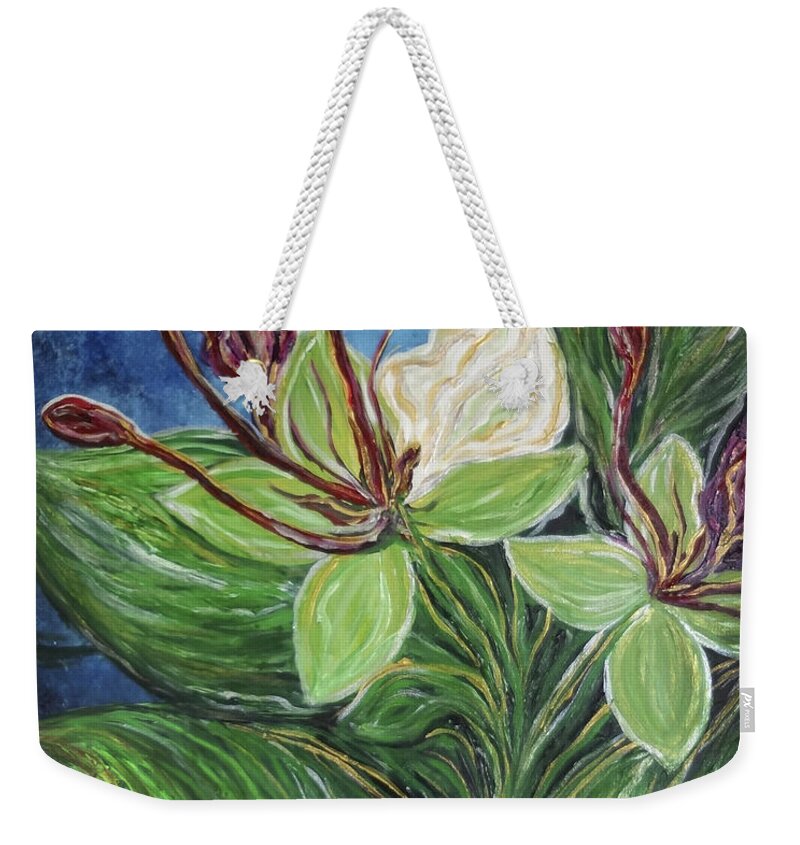 Ifit Weekender Tote Bag featuring the painting Ifit Flower Guam by Michelle Pier