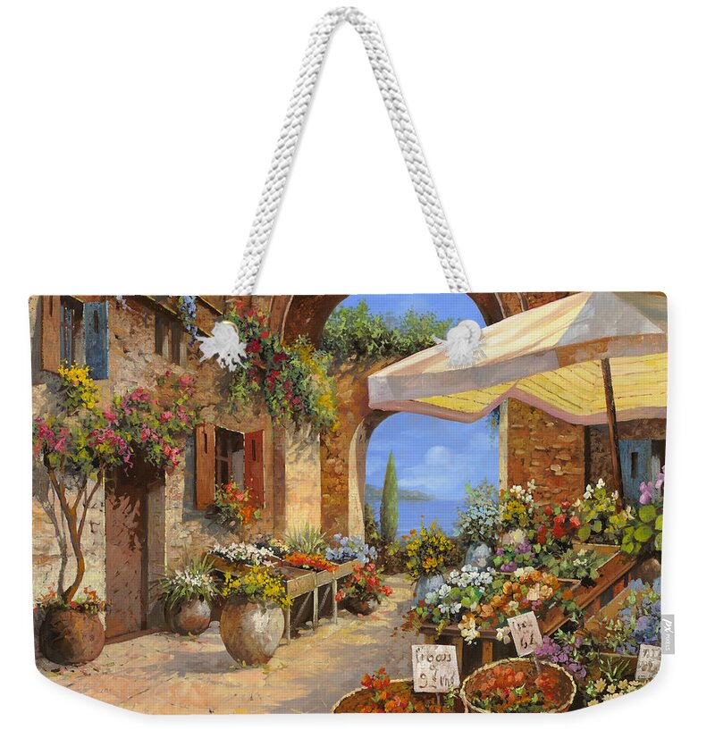 Landscape Weekender Tote Bag featuring the painting Il Mercato Al Lago by Guido Borelli