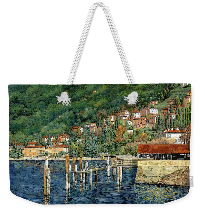 Lake Como Weekender Tote Bag featuring the painting il porto di Bellano by Guido Borelli