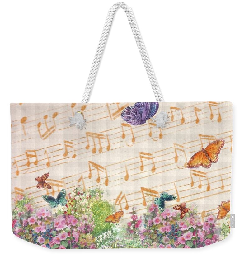 Illustrated Butterfly Weekender Tote Bag featuring the painting Illustrated Butterfly Garden with musical notes by Judith Cheng