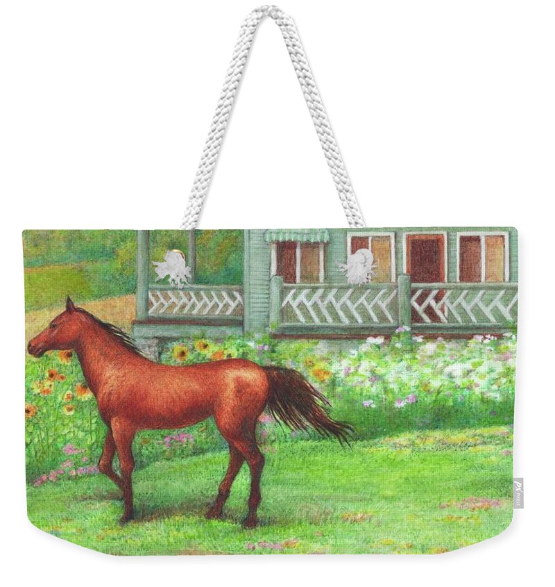 Equine Art Weekender Tote Bag featuring the painting Illustrated Horse Summer Garden by Judith Cheng