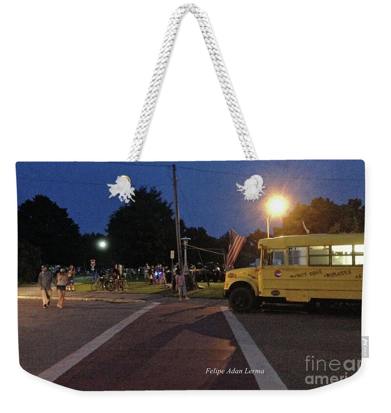 Novel Weekender Tote Bag featuring the photograph Image Included in Queen the Novel - Beansie Bus Waterfront Park by Felipe Adan Lerma