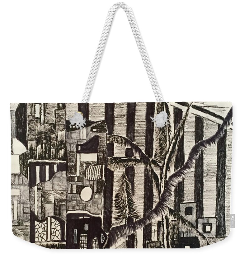 Black & White Weekender Tote Bag featuring the drawing Imaginary Resort by Dennis Ellman