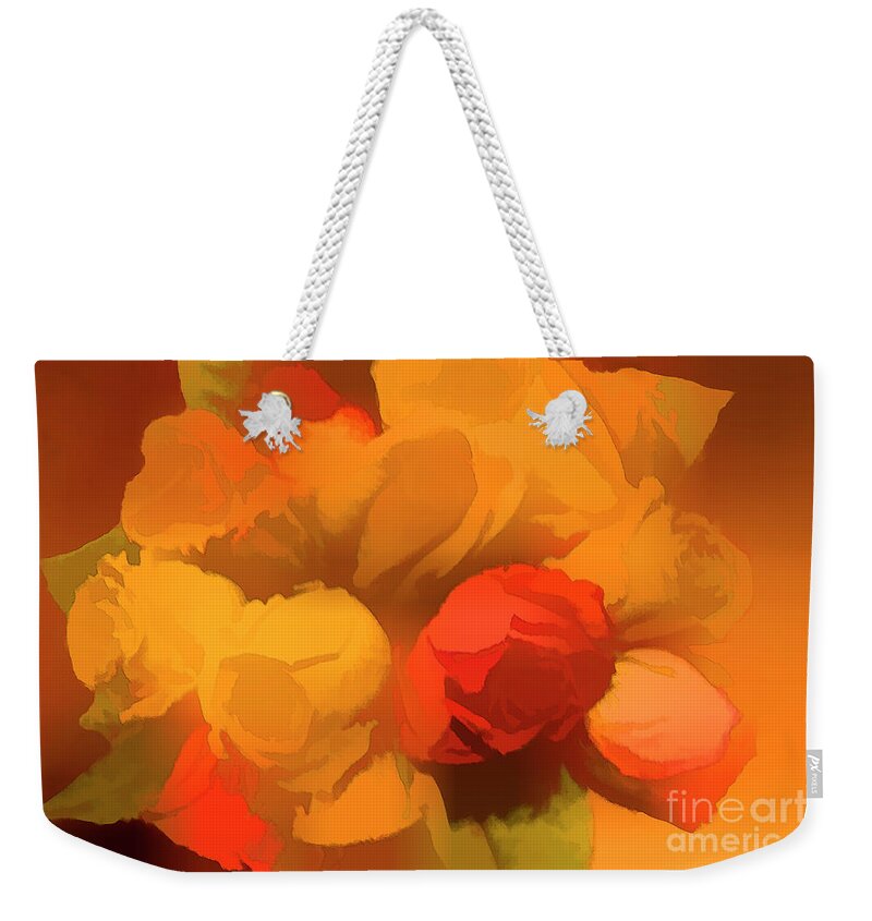 Flowers Weekender Tote Bag featuring the digital art Impressionistic Gold Rose Bouquet by Linda Phelps