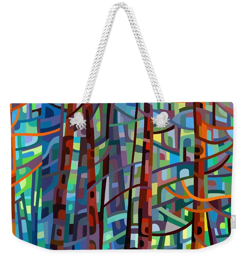 Abstract Weekender Tote Bag featuring the painting In a Pine Forest by Mandy Budan