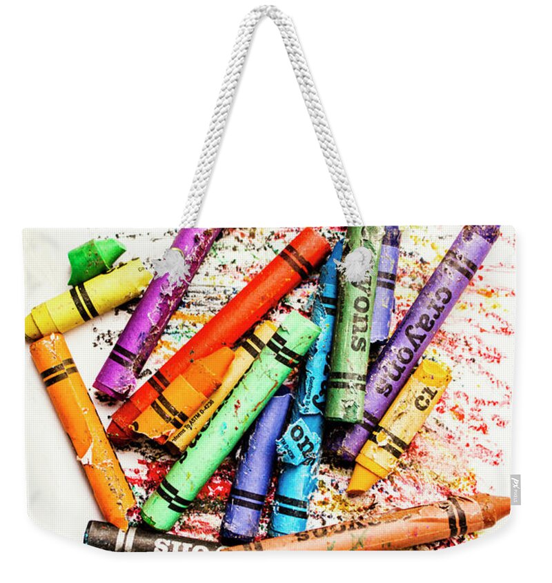 Crayon Weekender Tote Bag featuring the photograph In colours of broken crayons by Jorgo Photography