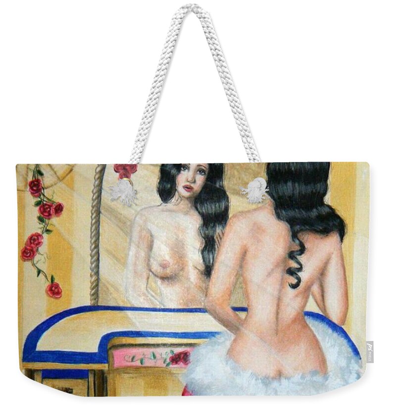 Woman Weekender Tote Bag featuring the drawing In Her Minds Eye by Scarlett Royale