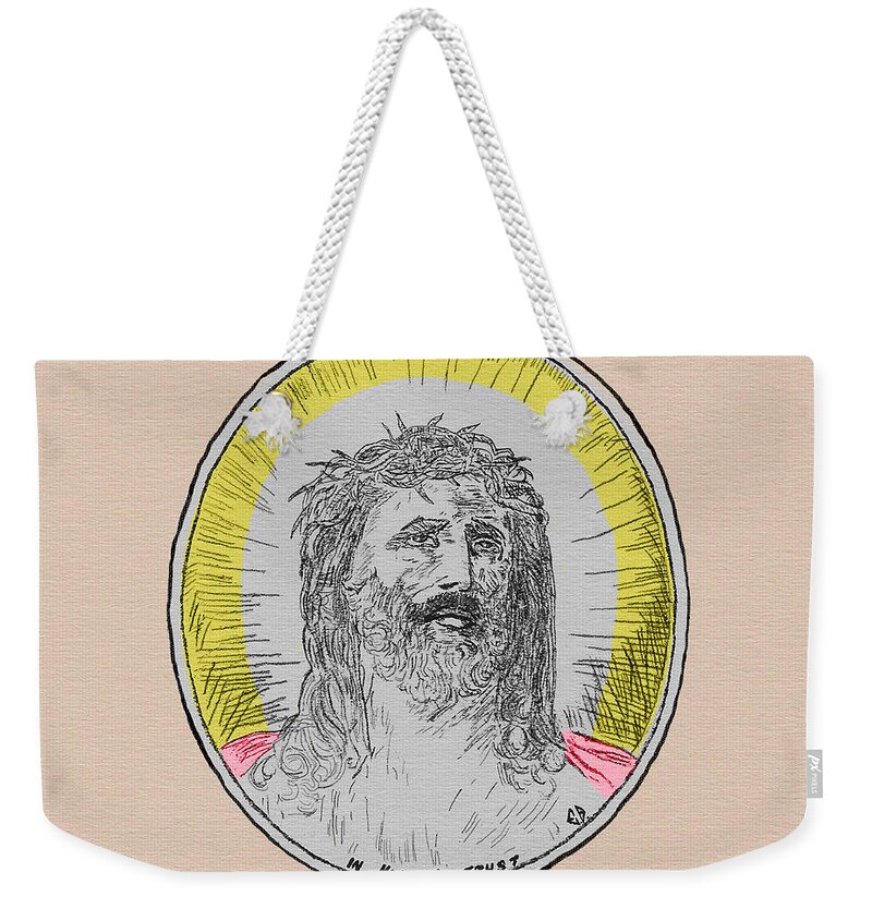 Jesus Weekender Tote Bag featuring the drawing In Him We Trust Colorized by Donna L Munro