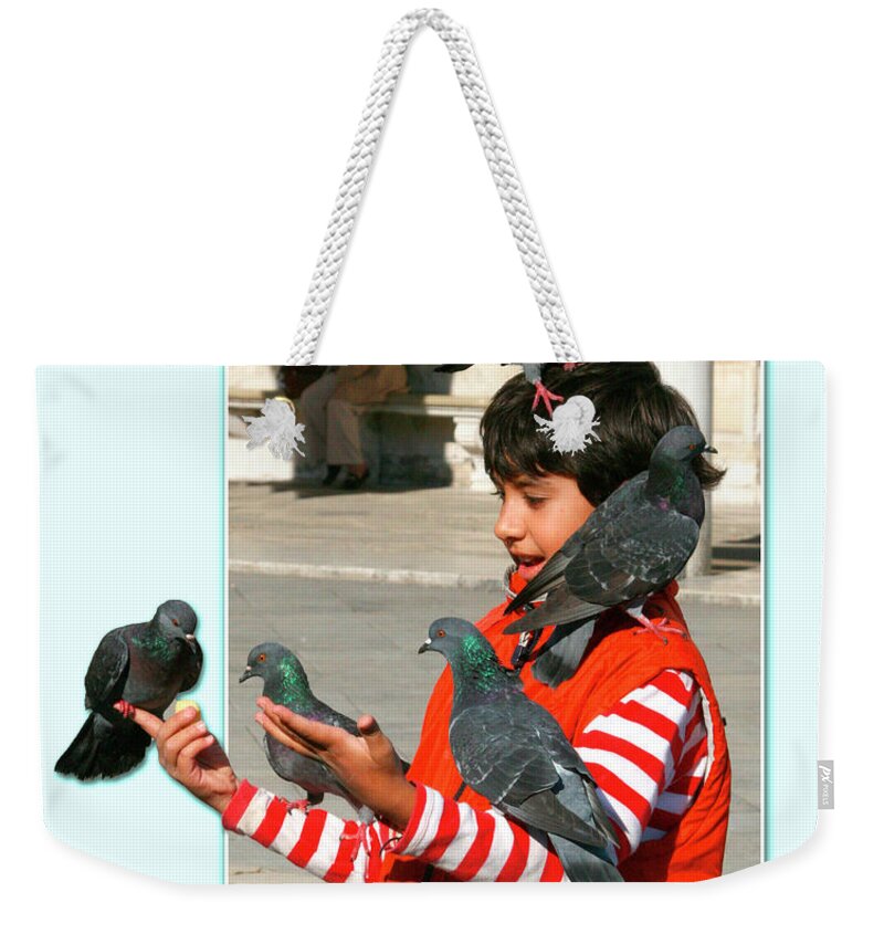 Child Weekender Tote Bag featuring the photograph In Piazza San Marco Communing with Nature by Mariarosa Rockefeller