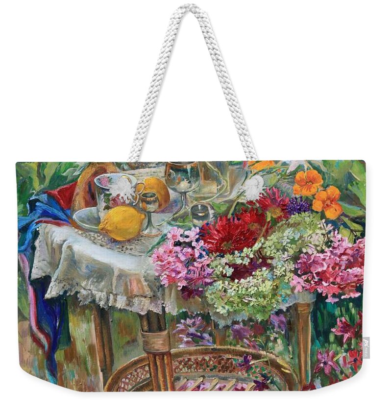 Maya Gusarina Weekender Tote Bag featuring the painting In the Garden by Maya Gusarina