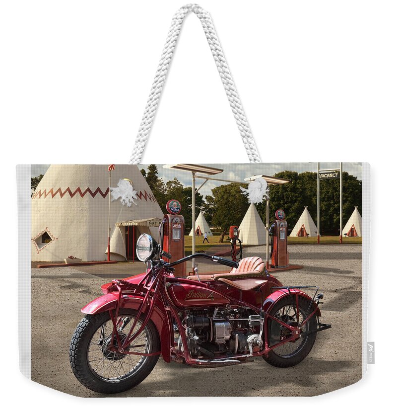 Indian Motorcycle Weekender Tote Bag featuring the photograph Indian 4 Motorcycle with sidecar by Mike McGlothlen