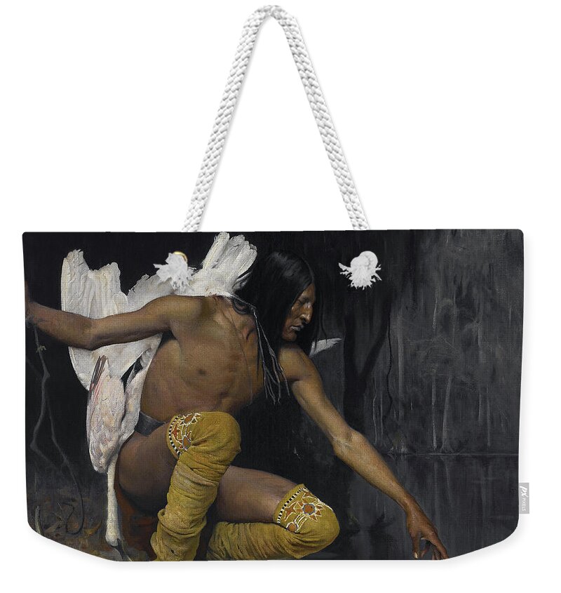 George De Forest Brush B. 1855. D. 1941. Weekender Tote Bag featuring the painting Indian And The Lily by MotionAge Designs