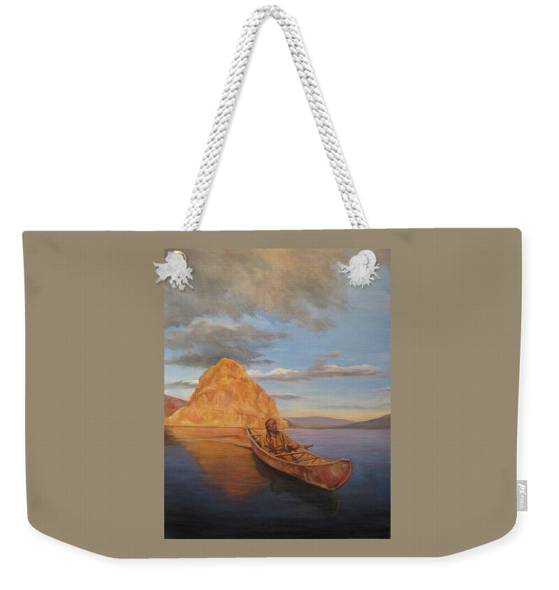 Nature Weekender Tote Bag featuring the painting Indian on Lake Pyramid by Donna Tucker