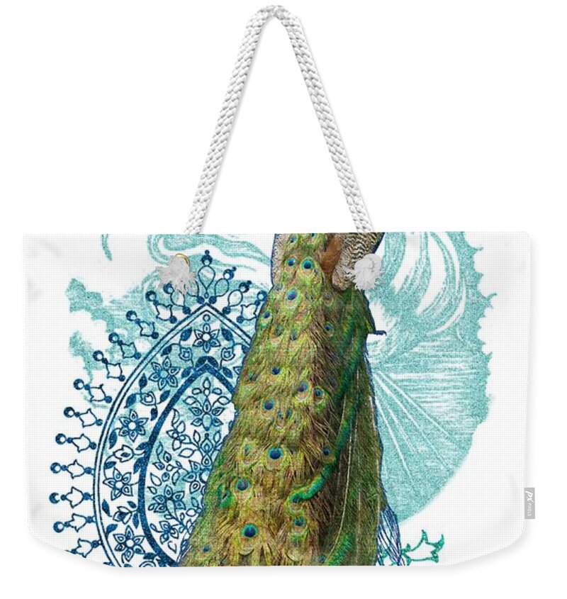 Peacock Weekender Tote Bag featuring the mixed media Indian Peacock Henna Design Paisley Swirls by Audrey Jeanne Roberts