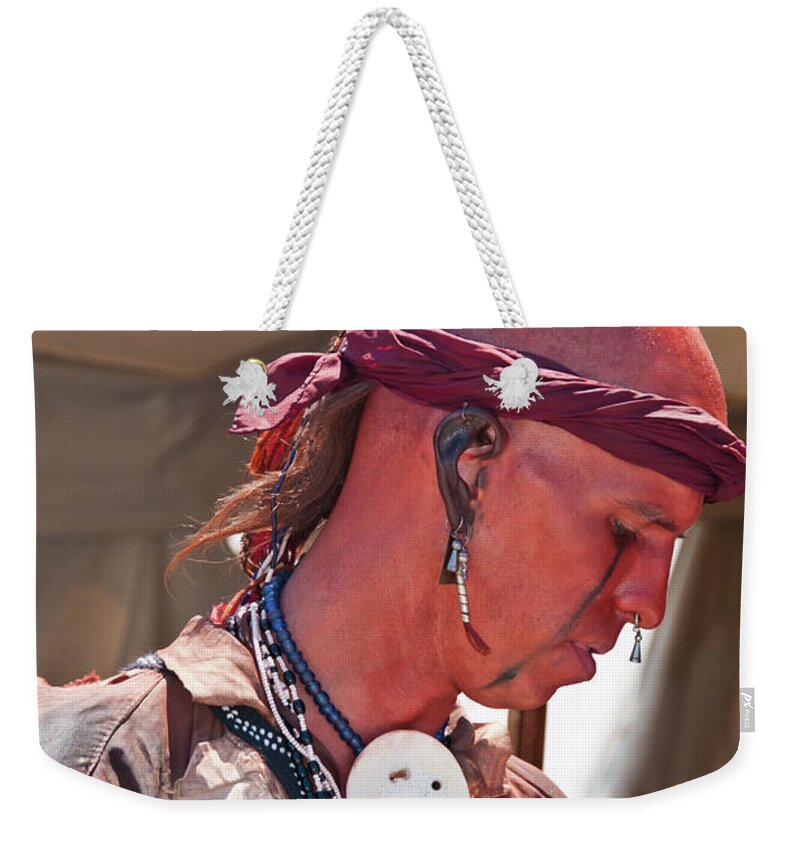 French & Indian War Re-enactor Weekender Tote Bag featuring the photograph Indian VIII 6740 by Guy Whiteley