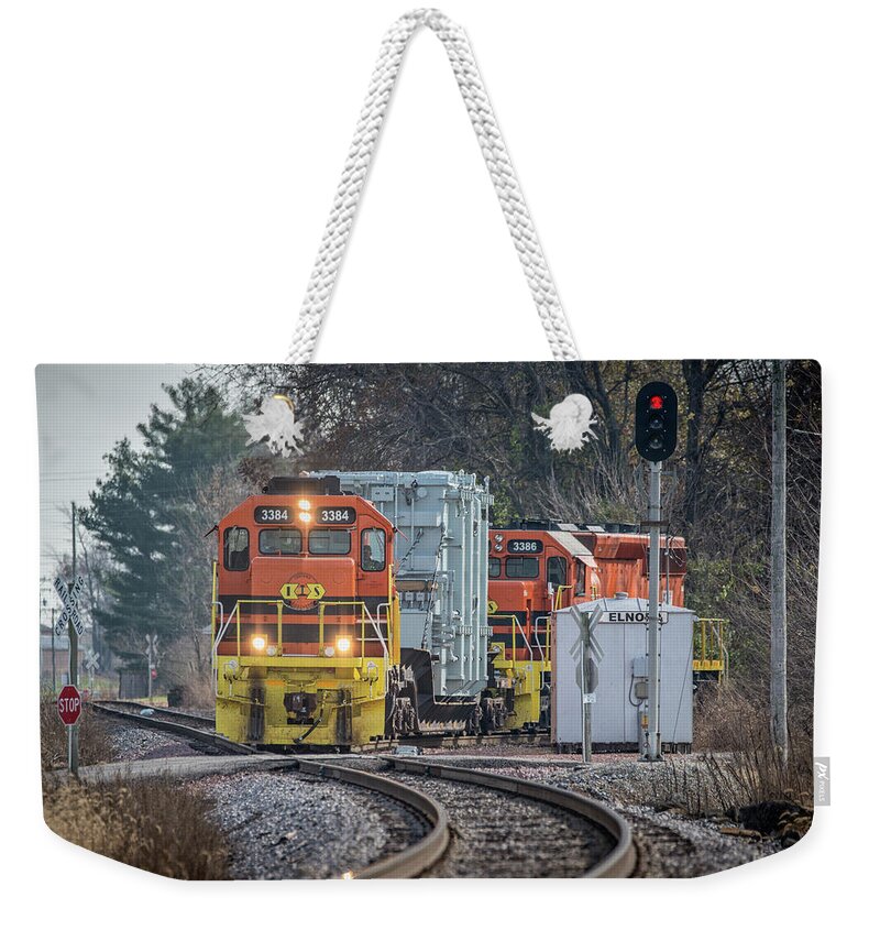 Train Weekender Tote Bag featuring the photograph Indiana Southern Railroad 3384 and 3386 at Elnora Indiana by Jim Pearson