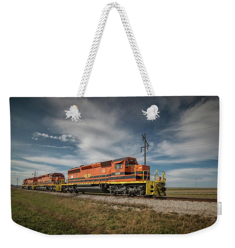 Train Weekender Tote Bag featuring the photograph Indiana Southern Railroad locomotives at Edwardsport Indina by Jim Pearson