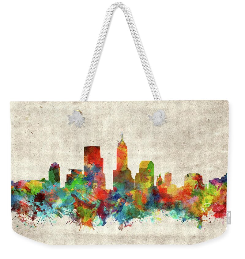 Indianapolis Weekender Tote Bag featuring the painting Indianapolis Skyline Watercolor 2 by Bekim M