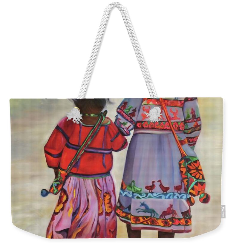 Native Weekender Tote Bag featuring the painting Indigenous Sisters - Nayarit by Barbara Rivera