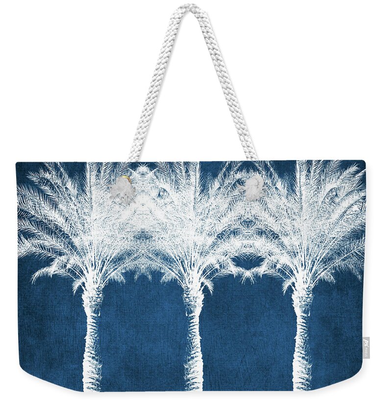 Palm Tree Weekender Tote Bag featuring the mixed media Indigo And White Palm Trees- Art by Linda Woods by Linda Woods