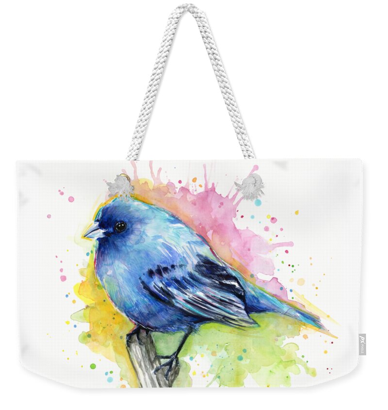 Blue Weekender Tote Bag featuring the painting Indigo Bunting Blue Bird Watercolor by Olga Shvartsur
