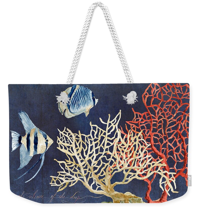 Red Fan Coral Weekender Tote Bag featuring the painting Indigo Ocean - Silence of the Deep by Audrey Jeanne Roberts