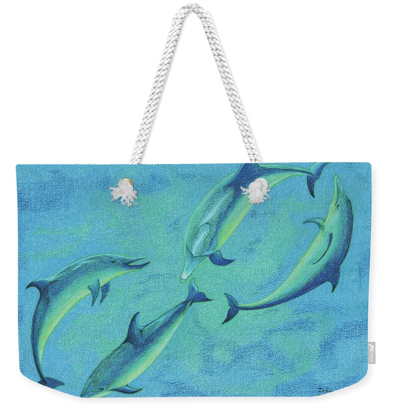Dolphins Weekender Tote Bag featuring the drawing Infinity 2 by Anne Katzeff