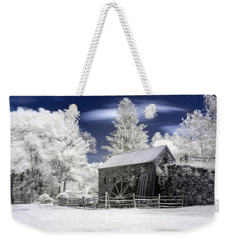 Historic Iconic Grist Mill Old Sudbury Ma Mass Massachusetts New England Newengland U.s.a. Usa Stone Wall Building Architecture Sky Long Exposure Trees Grass Wooden Fence Water Fall Waterfall Waterwheel Wheel Water Brian Hale Brianhalephoto Ir Infrared Infra Red Blue Spring Weekender Tote Bag featuring the photograph Infrared Grist Mill 2 by Brian Hale