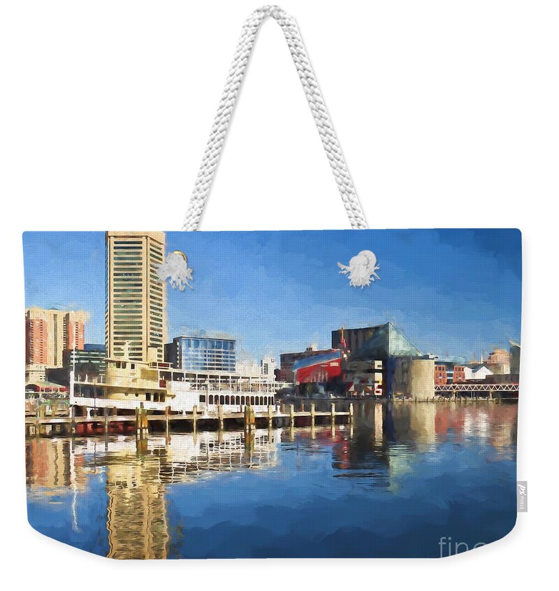 Baltimore Inner Harbor Weekender Tote Bag featuring the painting Inner Harbor Reflections by Kerri Farley