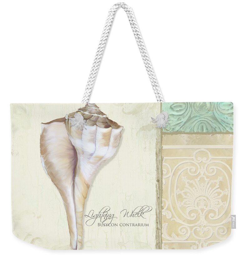 Lightning Whelk Shell Weekender Tote Bag featuring the painting Inspired Coast Collage - Lightning Whelk Shell Vintage Tile by Audrey Jeanne Roberts