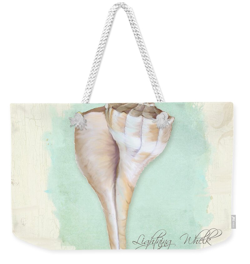 Lightning Whelk Shell Weekender Tote Bag featuring the painting Inspired Coast VII - Lightning Whelk Shell on Board by Audrey Jeanne Roberts