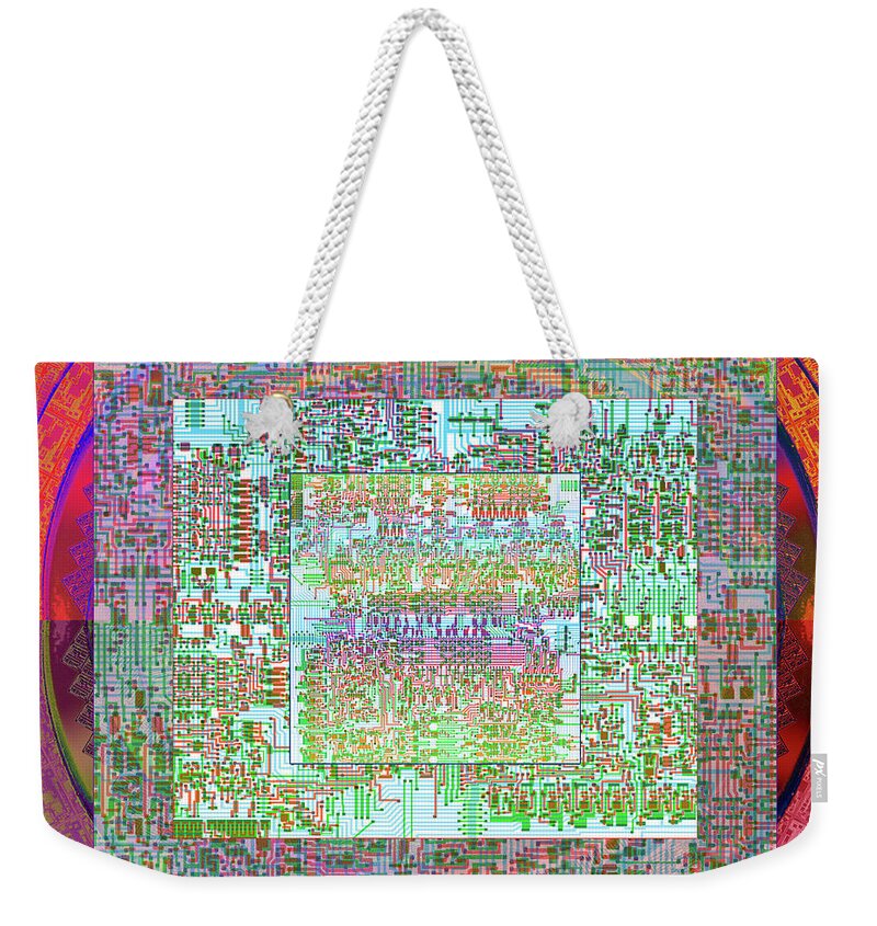 Intel Cpu Weekender Tote Bag featuring the digital art Intel 4004 CPU Silicon Wafer computer Chip Integrated Circuit Mask Abstract, Composition 1 by Kathy Anselmo