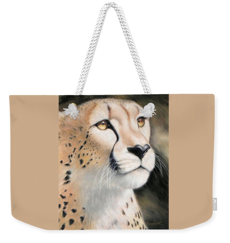 Cheetah Weekender Tote Bag featuring the painting Intensity - Cheetah by Linda Merchant
